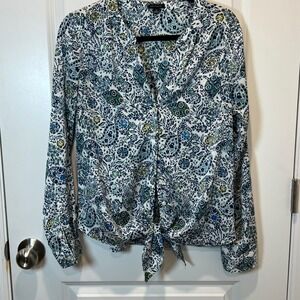 Ann Taylor Womens Size Medium Floral Print Button Up Tie Front Blouse
